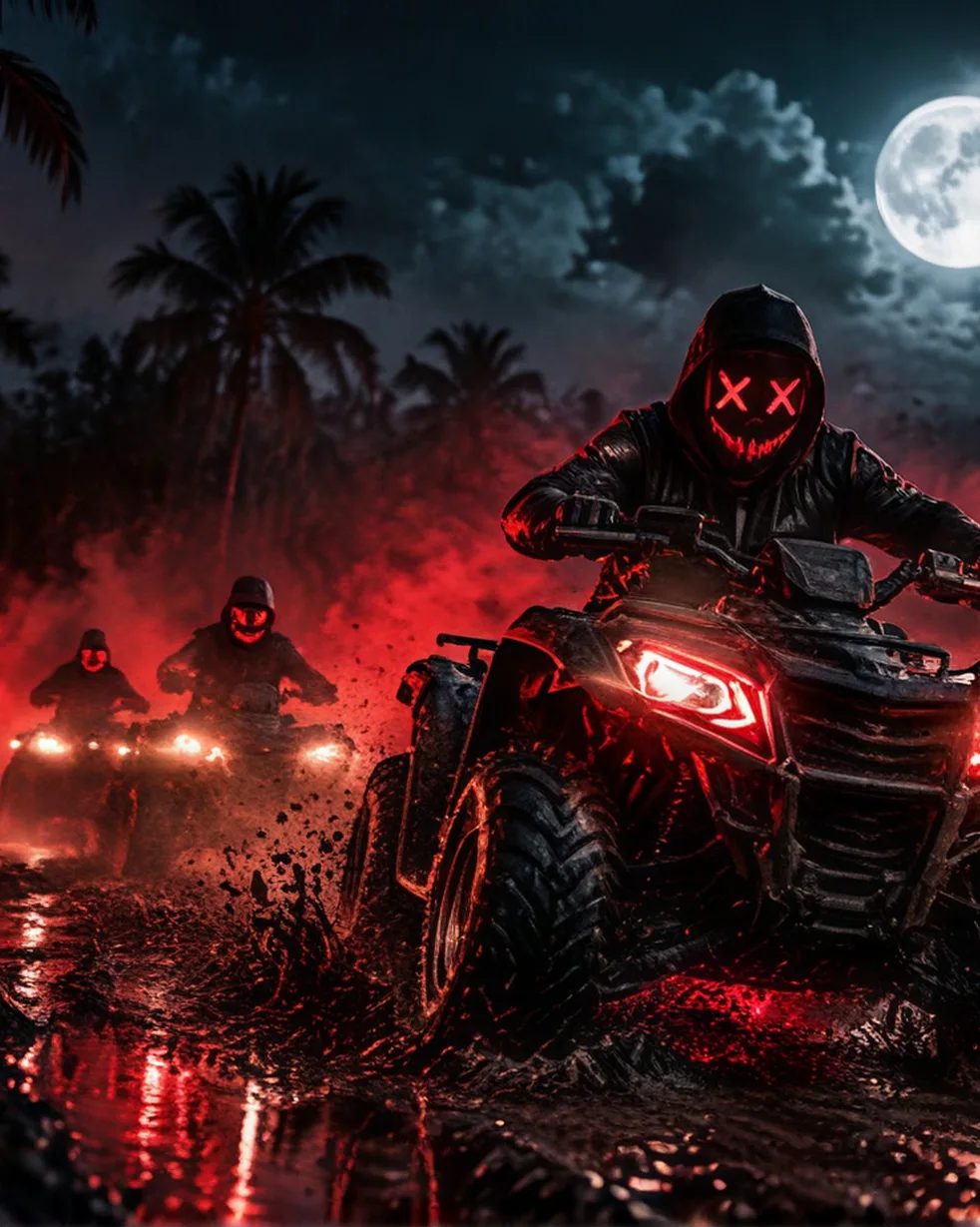 Riders with glowing masks on ATVs at night